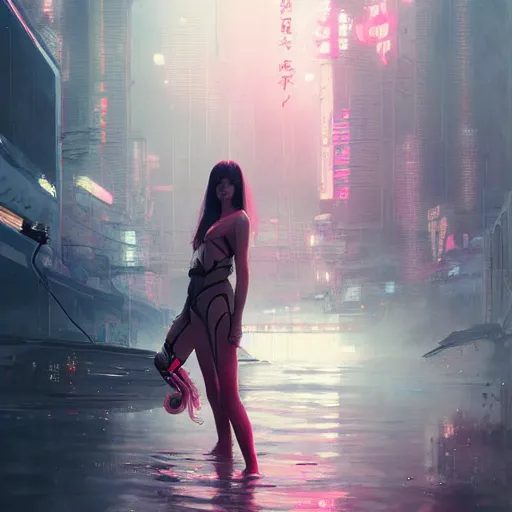 Prompt: lee jin - eun emerging from pink water in cyberpunk theme by greg rutkowski, rule of thirds, seductive look, beautiful, refined, masterpiece