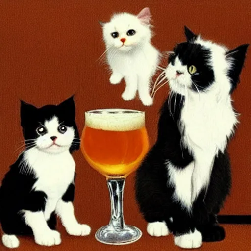 Image similar to one Cavalier King Charles Spaniel and two ragdoll kittens and one black cat drinking beer in the style of norman rockwell