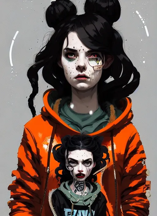 Image similar to highly detailed portrait of a sewer punk lady, tartan hoody, ringlet hair by atey ghailan, by greg rutkowski, by greg tocchini, by james gilleard, by joe fenton, by kaethe butcher, gradient orange, black, cream and white color scheme, grunge aesthetic!!! ( ( graffiti tag wall background ) )