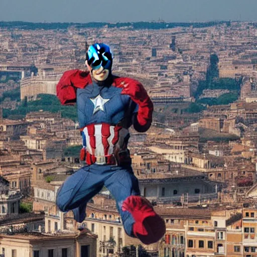 Image similar to Captain America flies over the cityscape of Rome. Filmed in the style of Wim Wenders. Cinematic, 50mm, highly intricate in technicolor