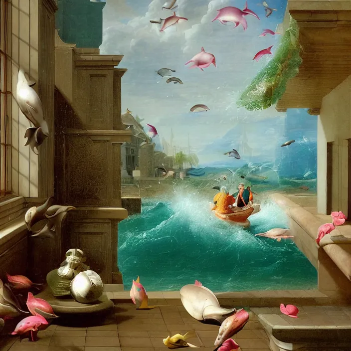 Prompt: pieter de hooch, dolphins, trending on artstation, highly detailed, vaporwave surreal ocean, dolphins, pool, checkerboard pattern underwater, cuastics, award winning masterpiece with incredible details, artstation, a surreal vaporwave vaporwave vaporwave vaporwave vaporwave painting by thomas cole of old pink marble mannequin head