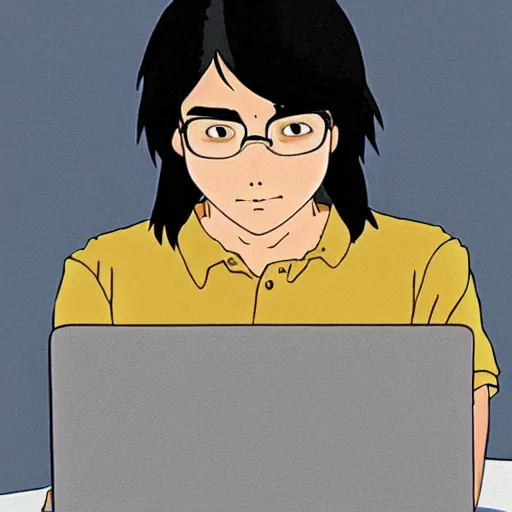 Prompt: guy with long black hair using a laptop, tan skin, looking down, art by hayao miyazaki, studio ghibli film, cinematic