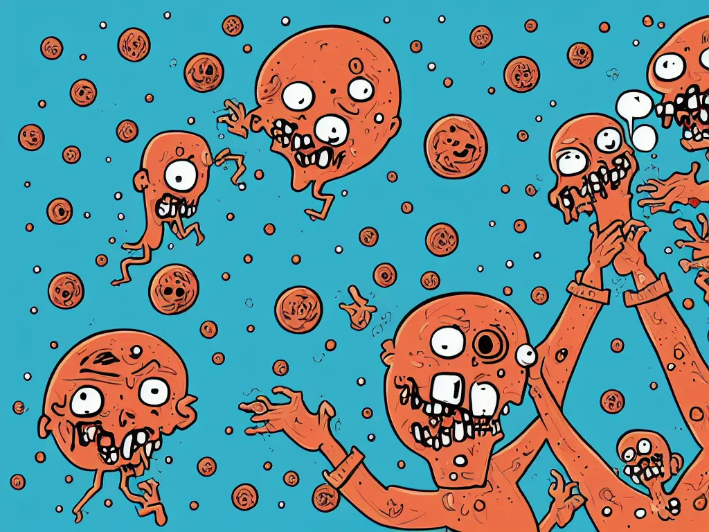 Image similar to happy zombies eating each other, floating in space, cartoon illustration, detailed