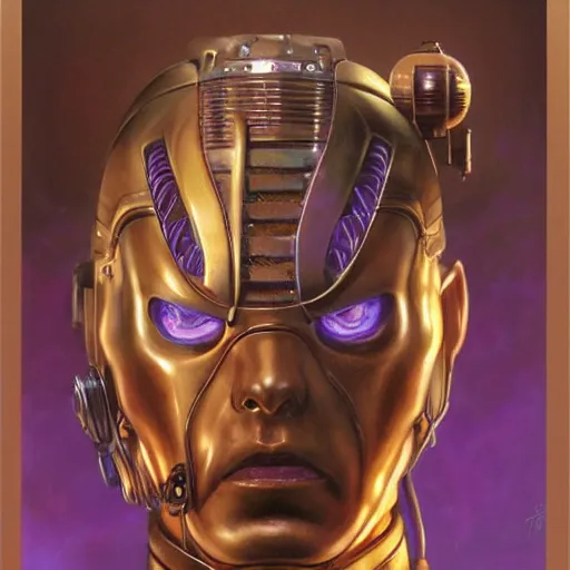 Prompt: portrait of a bronze steampunk android that emits purple fog, by donato giancola