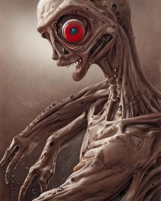 Prompt: Haunting horrifying hyperrealistic detailed painting of a tall slim flesh extraterrestrial creature made of concrete stone brick, covered in, heavy metal, disgusting, creepy, unsettling, and bloodshot eyeballs, hyper detailed, trending on Artstation