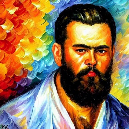 Prompt: a portrait of a bearded man by leonid afremov, thomas kinkade, frida kahlo