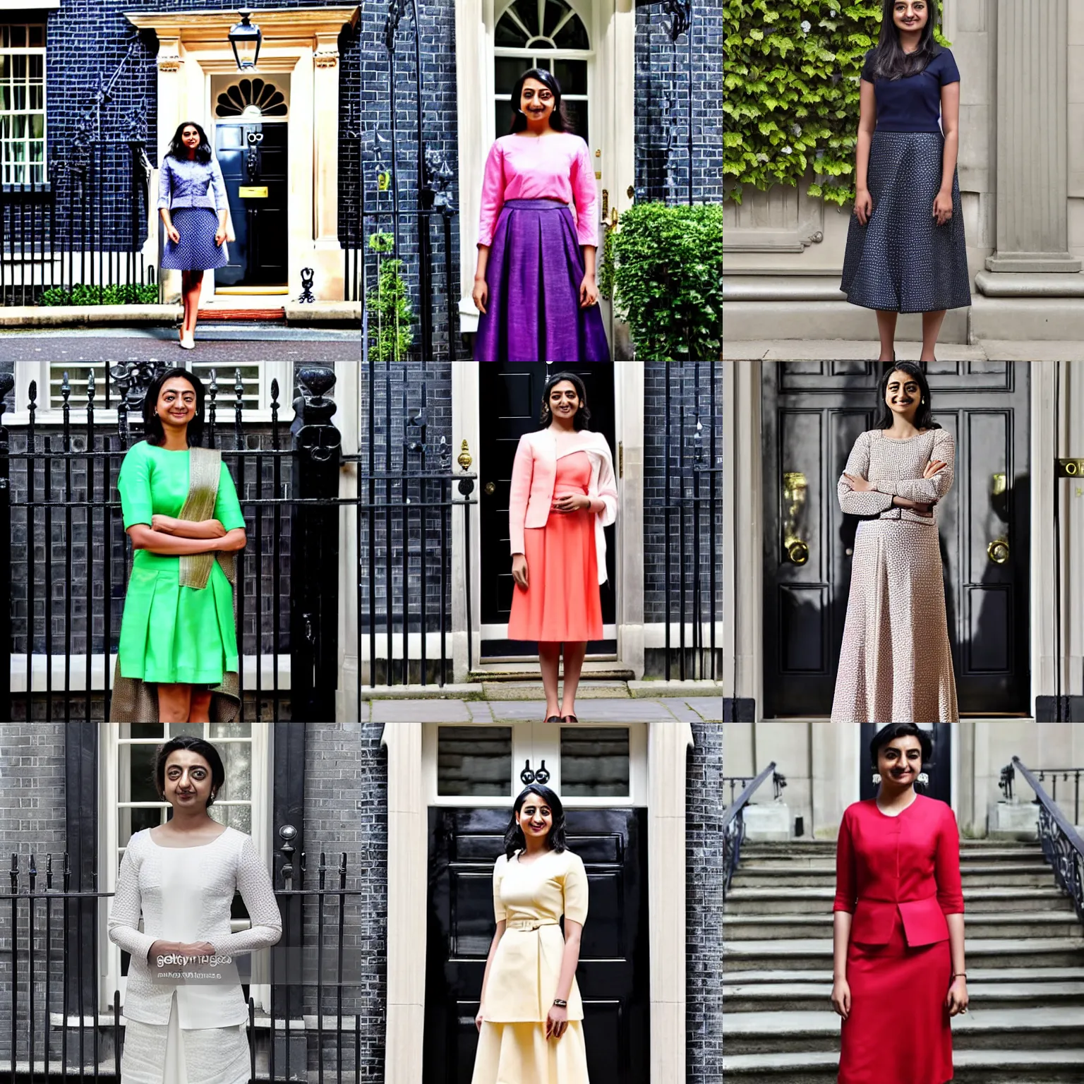 Prompt: Radhika Apte as Prime Minister, wearing a formal dress and skirt, posing outside of 10 Downing Street, official photo headshot portrait
