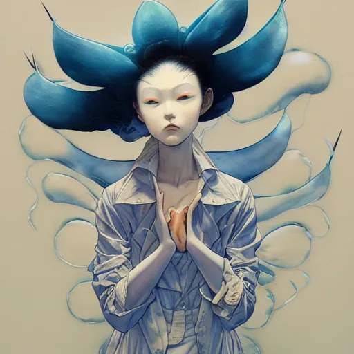 Image similar to prompt : ivory and blue portrait soft light painted by james jean and katsuhiro otomo and erik jones, inspired by evangeleon anime, smooth face feature, intricate oil painting, high detail illustration, sharp high detail, manga and anime 1 9 9 9