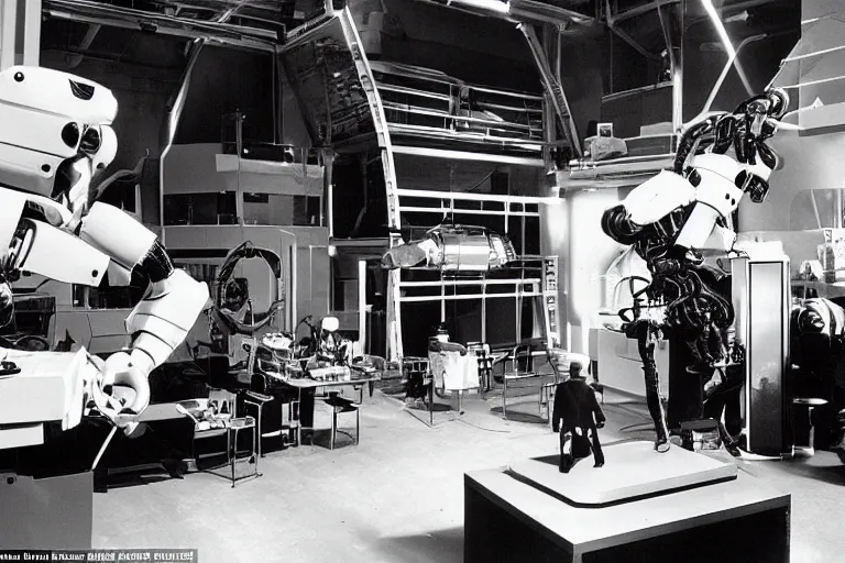 Image similar to a futuristic film studio with robot technicians preparing a scene by Stanley kubrick, sci-fi, reimagined by industrial light and magic