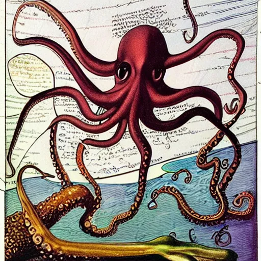 Prompt: screenshot of a page from a 1990s natural history book on octopus anatomy notes on illustrations by davinci,jamie hewlett,steven wiltshire,vivid bright colour pallette, high contrast, cycles render