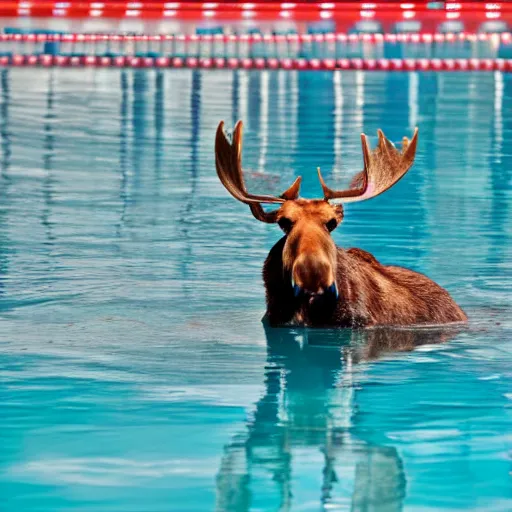 Image similar to photo of a moose at a swimming pool, people, 50mm, beautiful photo