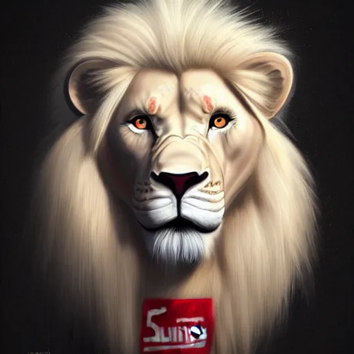 Prompt: a beautfiul aesthetic commission portrait of a anthro albino lion wearing a supreme t-shirt,attractive beautiful face,detailes face,natural lighting,fantasy art,deviantart,artstation,character design by charles bowater,ross tran,4k,photorealistic