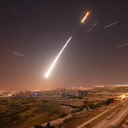 Image similar to Israel's Iron Dome intercepting rockets, night time, award winning photography, HQ, 8K