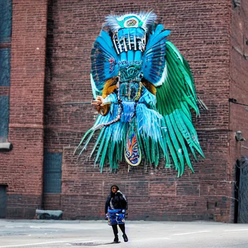 Prompt: an indigenous shaman dressed with a quetzalcoatl feathered serpent riding a feathered serpent in manhattan bridge