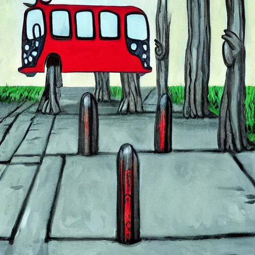 Prompt: painting of a bus stop by dr seuss | horror themed | creepy