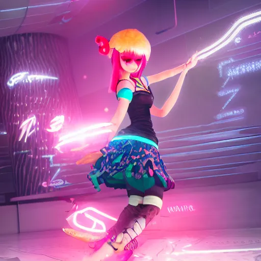 Image similar to a girl like (jinx, Princess peach), dancing, background jet ground radio, kpop, fullshot, raytrayced, octane render,volumetric lighting, epic composition, intricate details, dark neon punk, by KDA