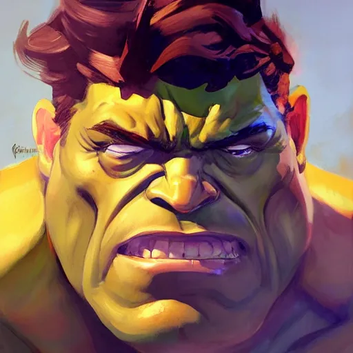 Image similar to Greg Manchess portrait painting of the Hulk as Overwatch character, medium shot, asymmetrical, profile picture, Organic Painting, sunny day, Matte Painting, bold shapes, hard edges, street art, trending on artstation, by Huang Guangjian and Gil Elvgren and Sachin Teng