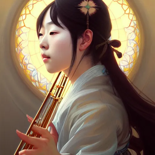 Image similar to Portrait of a japanese girl playing a cross flute, face, fantasy, intricate, elegant, highly detailed, digital painting, artstation, concept art, smooth, sharp focus, illustration, art by Fernanda Suarez and Artem Demura and alphonse mucha