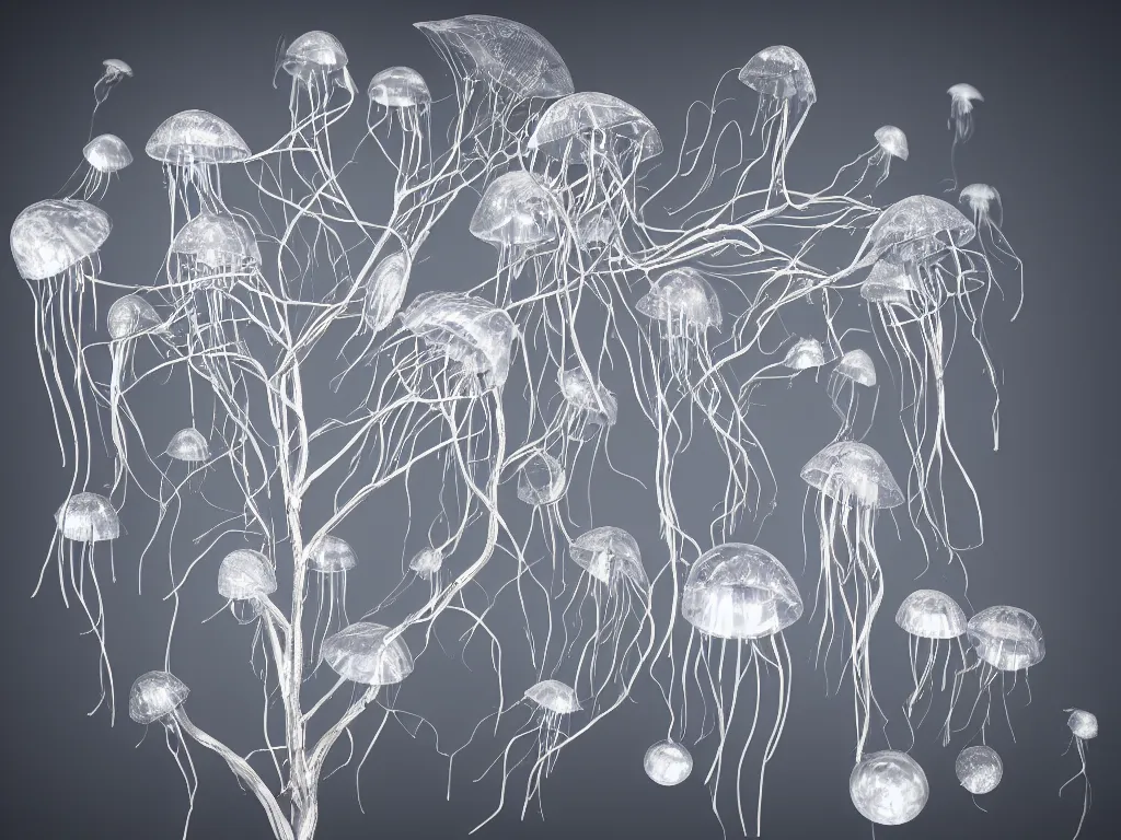 Prompt: 8 k, surrealistic, sharp focus, super resolution, silver color, side view a group of robot mechanical sense jellyfish growing form tree branch, c 4 d, cleaning future, highly quality penetrating feeling bright light, cg, cyberpunk, symmetric, style by andy warhol