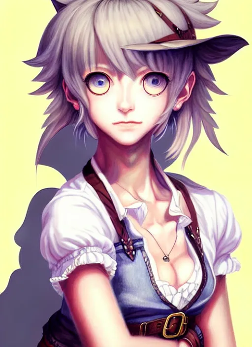 Image similar to a portrait of catgirl wearing white vest, and denim shorts an ultrafine detailed painting, detailed painting, beatyfull eyes, boris valejo. octopath traveler