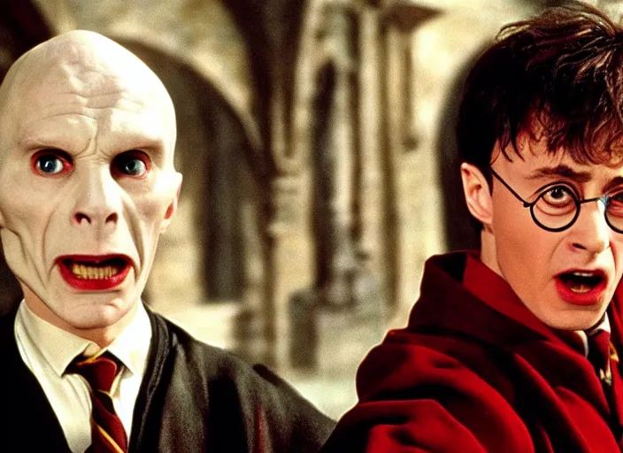 Image similar to a still of Harry Potter (2001), with Tim Curry as Voldemort