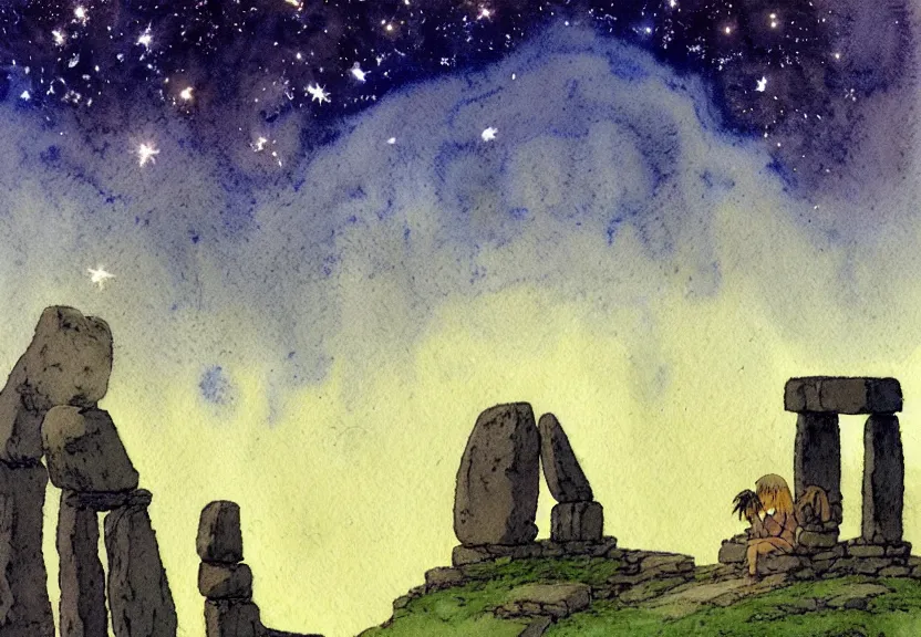 Image similar to a simple watercolor studio ghibli movie still fantasy concept art of a giant native american man sitting on a tiny stonehenge in machu pichu. it is a misty starry night. by rebecca guay, michael kaluta, charles vess