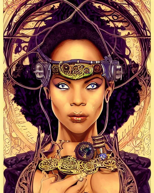 Image similar to a detailed portrait illustration of a steampunk mage - courtesan. beautiful black female face. art nouveau, pop art, comic book style. influenced by neil gaiman, h. p. lovecraft, dan mumford, brian froud, julie bell, killian eng, ross tran.