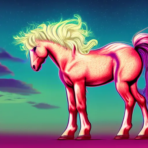 Prompt: digital pony, retrowave palette, highly detailed, anatomically correct equine, synth feel, smooth face, ear floof, flowing mane, no reins, super realism, accurate animal imagery, 4 k digital art