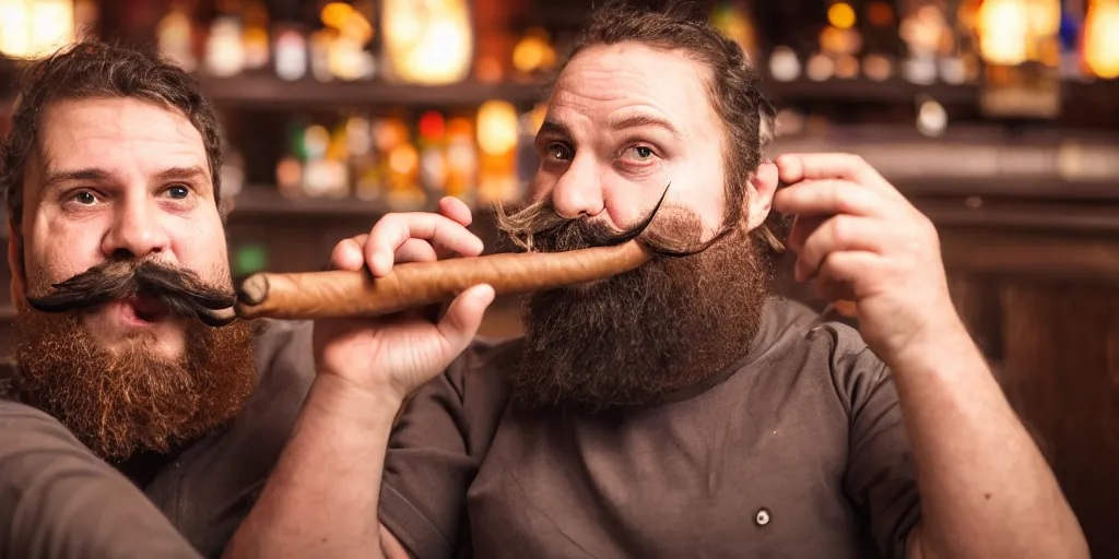 Image similar to Weird baby with a beard and mustache smoking a big cigar in a bar, (EOS 5DS R, ISO100, f/8, 1/125, 84mm, postprocessed, crisp face, facial features)