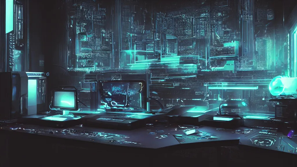 Image similar to a cyberpunk overpowered computer. Overclocking, watercooling, custom computer, cyber, mat black metal, alienware, futuristic design, desktop computer, nebula, galactic, space, minimalist desk, minimalist home office, whole room, minimalist, Beautiful dramatic dark moody tones and lighting, orange neon, Ultra realistic details, cinematic atmosphere, studio lighting, shadows, dark background, dimmed lights, industrial architecture, Octane render, realistic 3D, photorealistic rendering, 8K, 4K, Cyborg R.A.T 7, Republic of Gamer, computer setup, highly detailed