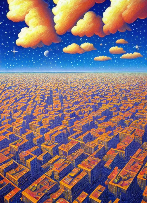 Prompt: a garden city reaching the clouds and stars, vintage shapes, retro technology, happy colors. rob gonsalves, oil on canvas, deep depth field, masterpiece, cinematic composition, hyperdetailed