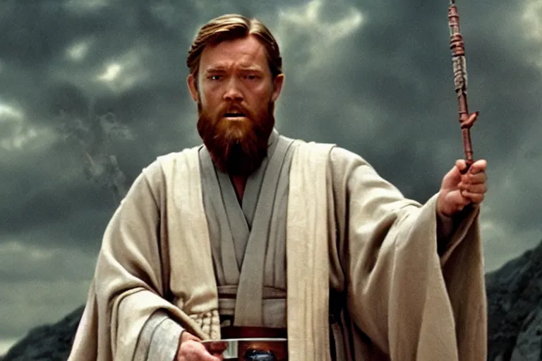 Image similar to film still, obi wan kenobi casting spells with a wand in the last harry potter movie,