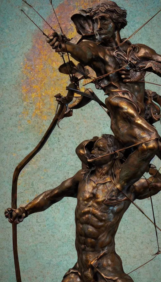 Image similar to An epic fantastic realism comic book style painting of a distressed bronze archery sculpture from the future by Stanislaw Szukalski, beautiful colorful flowers rain down, gilded marbled paper background, archer, fisheye lens, unreal 5, DAZ, hyperrealistic, octane render, dynamic lighting