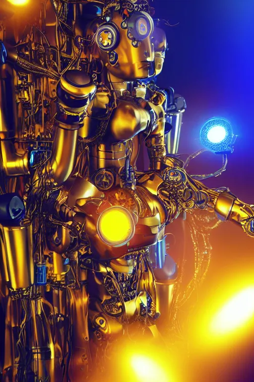 Image similar to portrait photo of a giant huge golden and blue metal female humanoid steampunk robot singer with headphones and gears and tubes, in the foreground is a big red glowing microphone on a tripod, eyes are glowing red lightbulbs, shiny crisp finish, 3 d render, 8 k, insaneley detailed, fluorescent colors, background is multicolored lasershow