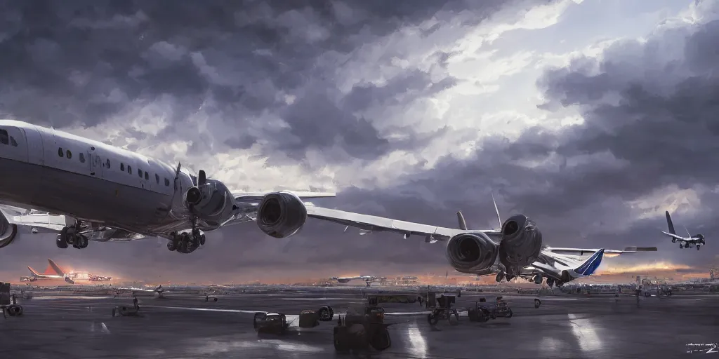 Prompt: Busy airport full of planes, beautiful dynamic lighting, cinematic, wide angle establishing shot, extremely high detail, photo realistic, cinematic lighting, post processed, concept art, artstation, matte painting, style by eddie mendoza, raphael lacoste, alex ross, volumetric lighting, light rays, photorealistic, ultrarealistic, moody, coronarender, 8k