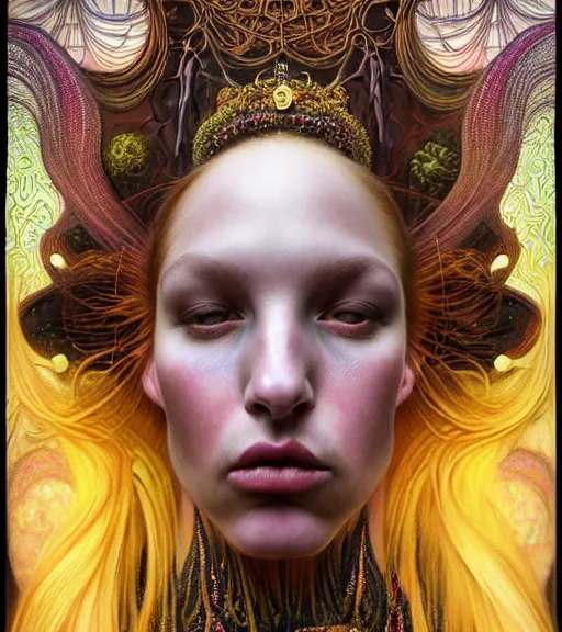 Prompt: detailed realistic beautiful young groovypunk queen of andra galaxy in full regal attire. face portrait. art nouveau, symbolist, visionary, baroque, giant fractal details. horizontal symmetry by zdzisław beksinski, iris van herpen, raymond swanland and alphonse mucha. highly detailed, hyper - real, beautiful