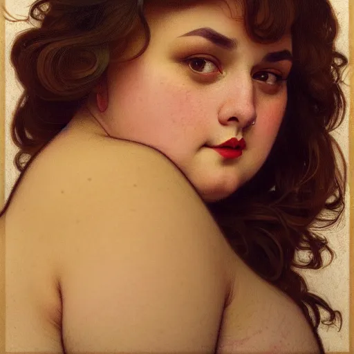 Image similar to A portrait of a plump woman, a cute art neuveau woman with brown hair in a Bob, no bangs, brown eyes, full face, olive skin, romanian heritage, medium shot, mid-shot, hyperdetailed, 8k, by mucha