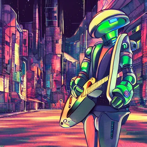 Prompt: A cell animation of a robot playing guitar standing in a futuristic city street, macross, gundam, ghibli style, illustration, anime, trending on artstaion