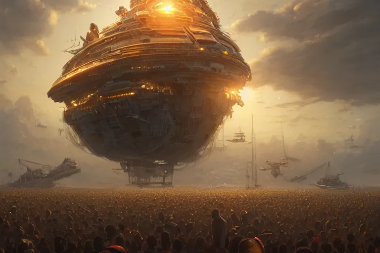 Prompt: detailed intricate digital illustration by greg rutkowski and artgerm and wlop and sanford robinson gifford ; colossal mothership vessel of immeasurable size arriving in our atmosphere, perspective of crowd of people on the ground looking up ; 1 3 mm film, wide angle ; golden hour, lens flare, trending on artstation 8 k