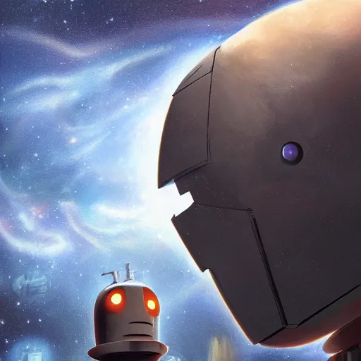 Prompt: portrait of The Iron Giant in the space with nebulae, realistic painting, high definition, digital art, matte painting, very detailed, realistic