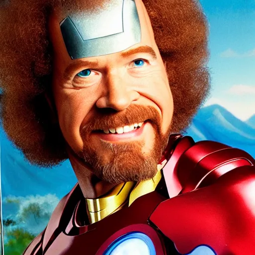 Image similar to a press photo Bob Ross as Ironman