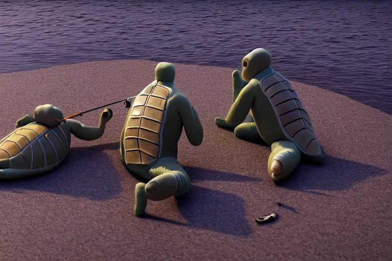 Image similar to hyperrealism photography simulation highly detailed human turtles'wearing detailed tuxedos and smoking, fishing in hyperrealism scene from cyberpunk movie from future by wes anderson and denis villeneuve and mike winkelmann rendered in blender and octane render