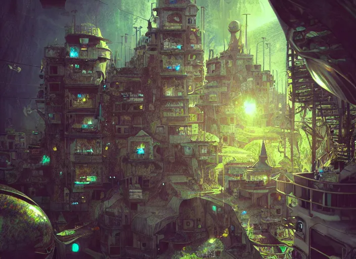 Image similar to favela spaceship cathedral, underwater environment, sorcery, scenery, professional, award - winning, trending on artstation, hyper detailed, realistic, beautiful, emotional, shiny, romantic, picture