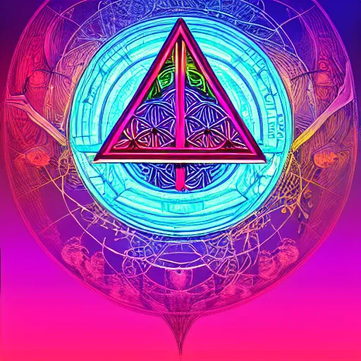 Prompt: mystical psychedelic poster with shaded lighting in the style of andriod jones, radiant light, detailed and complex environment, beautiful, utopic astral city in the sky with many buildings and temples reflecting a modern city on the ground with old growth pine trees, overlaid sacred geometry, flower of life, with implied lines, gradient of hot pink and neon baby blue