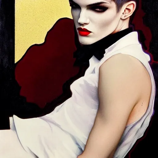 Image similar to stunning portrait of androgynous ruby rose as desire from sandman in a white tuxedo!!!, rockabilly style,, by alphonse mucha, by jeremy mann, by peter lindbergh, dave mckean, by frank moth, white suit and black tie, soft lightning, high detailed, 8 k