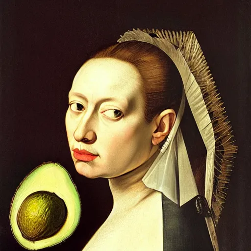 Prompt: frontal portrait of the queen of the avocado empire, by caravaggio