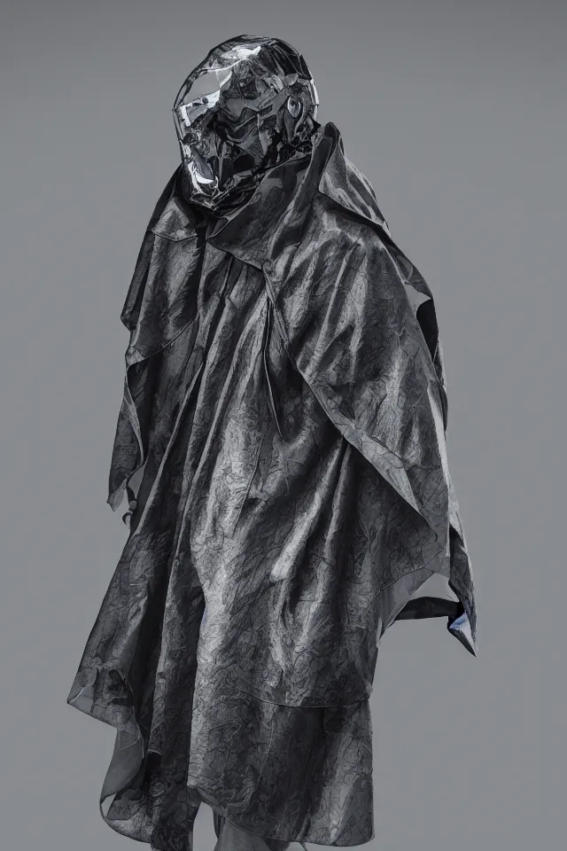 Prompt: realistic render, digital fashion, with Steve buacemi in tactical poncho designed by alexander mcqueen and acronym, rim light, high key, ultra detailed, hyperdetailed, dark backdrop