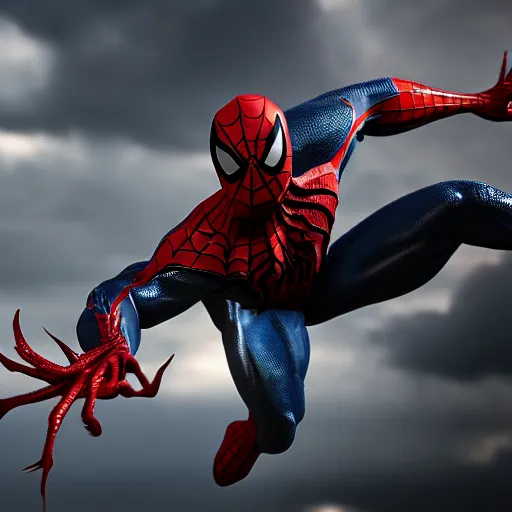 Image similar to a single venom and spider - man hybrid, dslr, cinematic, volumetric lighting, 8 k resolution, photorealistic