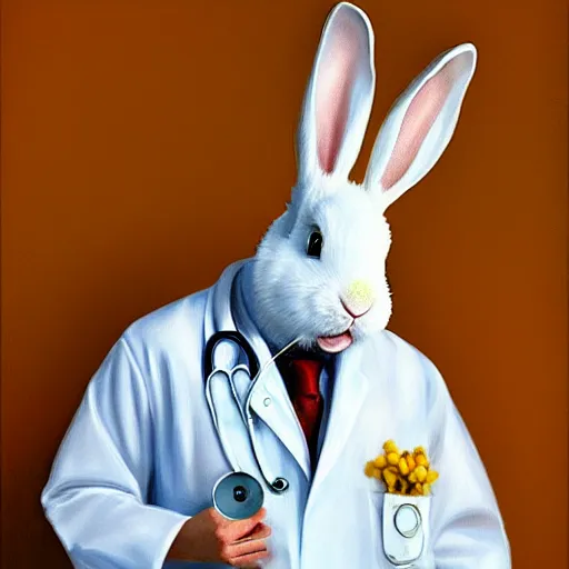 Prompt: a white bunny wearing doctor's coat and stethoscope with carot. digital art artstation. realistic oilpainting.