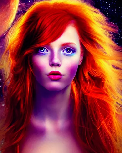 Image similar to space astral portrait of a beautiful girl, red hair, ginger hair, fantasy, glowing skin, smooth face, perfect eyes, half body shot, tarot card